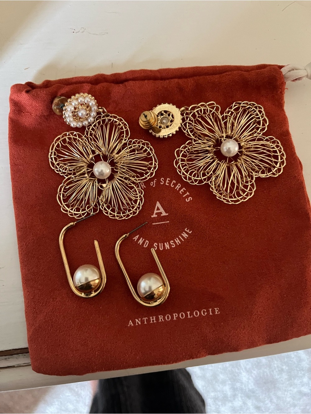 Anthropologie Gold Wire-Flower Pearl Drop Earrings